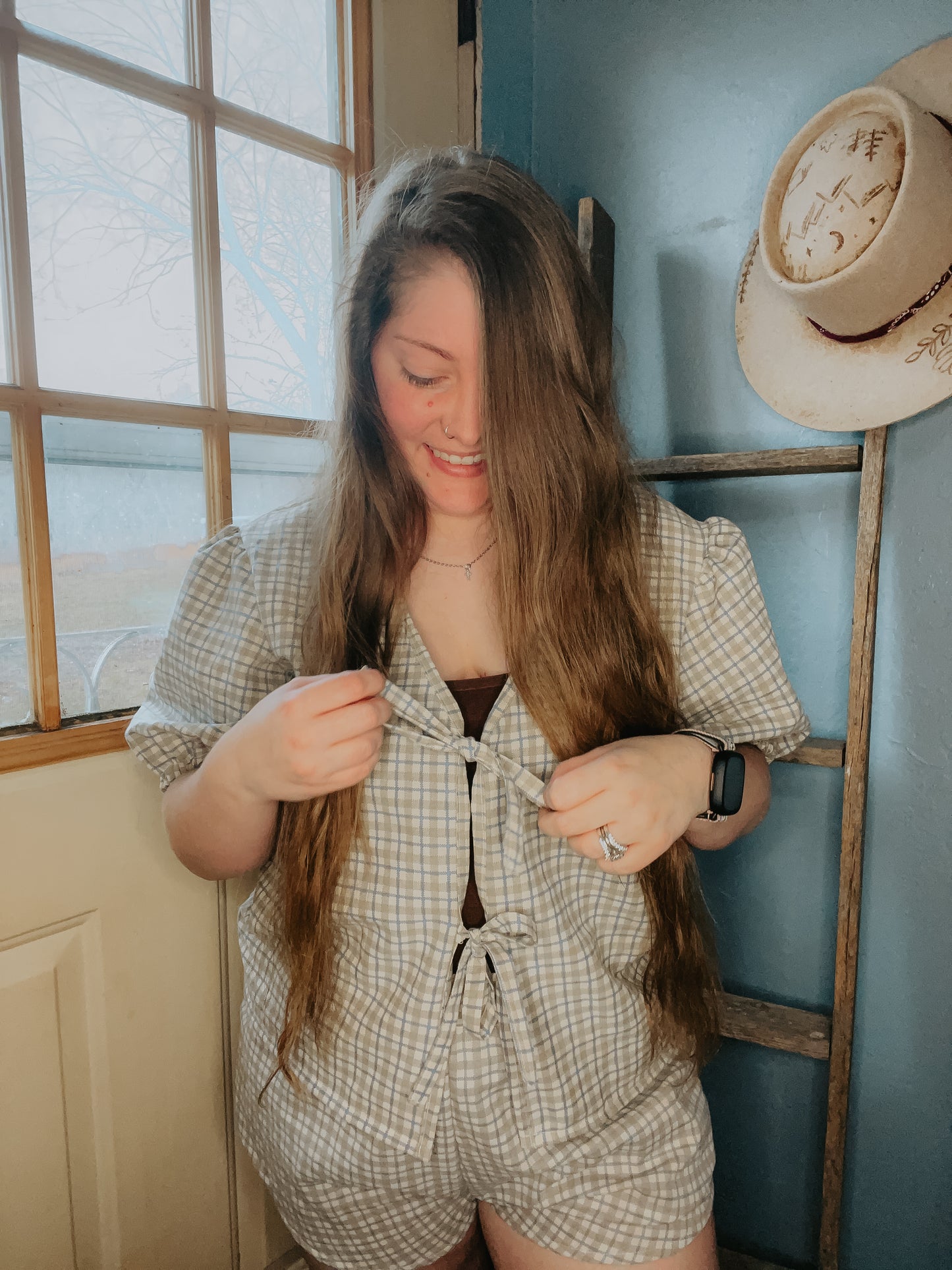 Elora Blouse + Daisy Shorts Set - Cottage Check