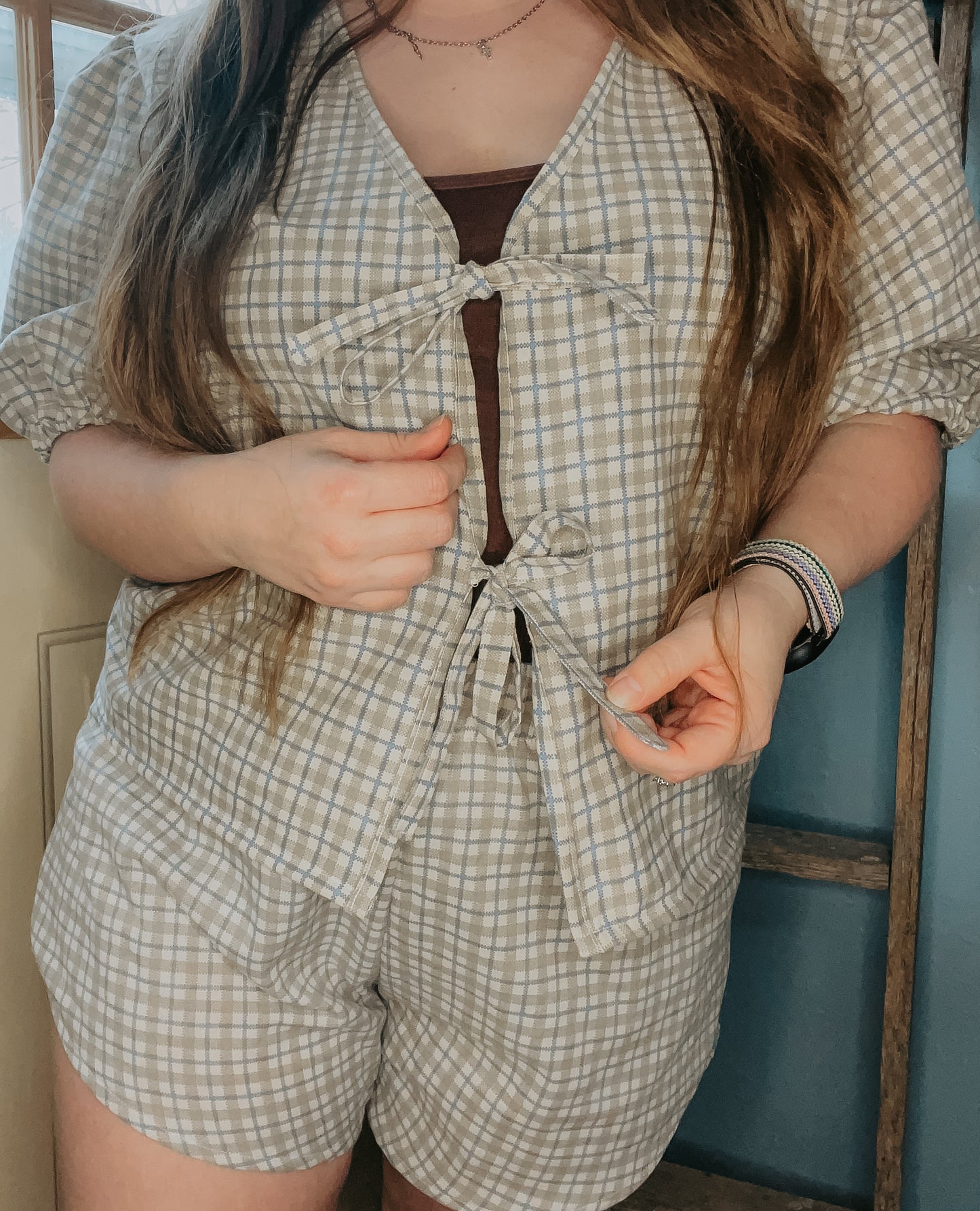 Elora Blouse + Daisy Shorts Set - Cottage Check