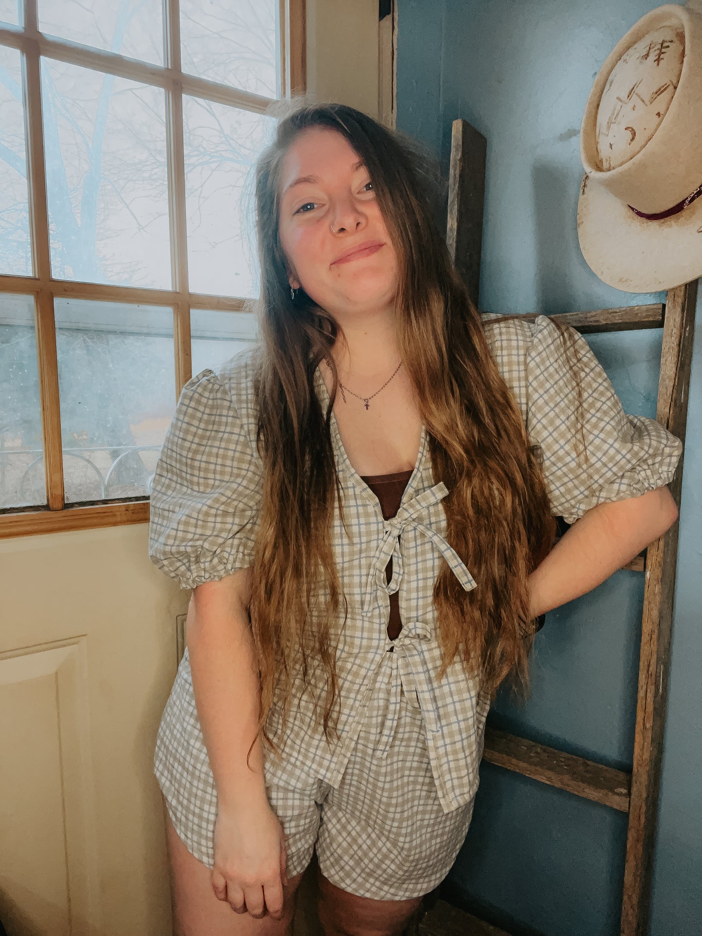 Elora Blouse + Daisy Shorts Set - Cottage Check